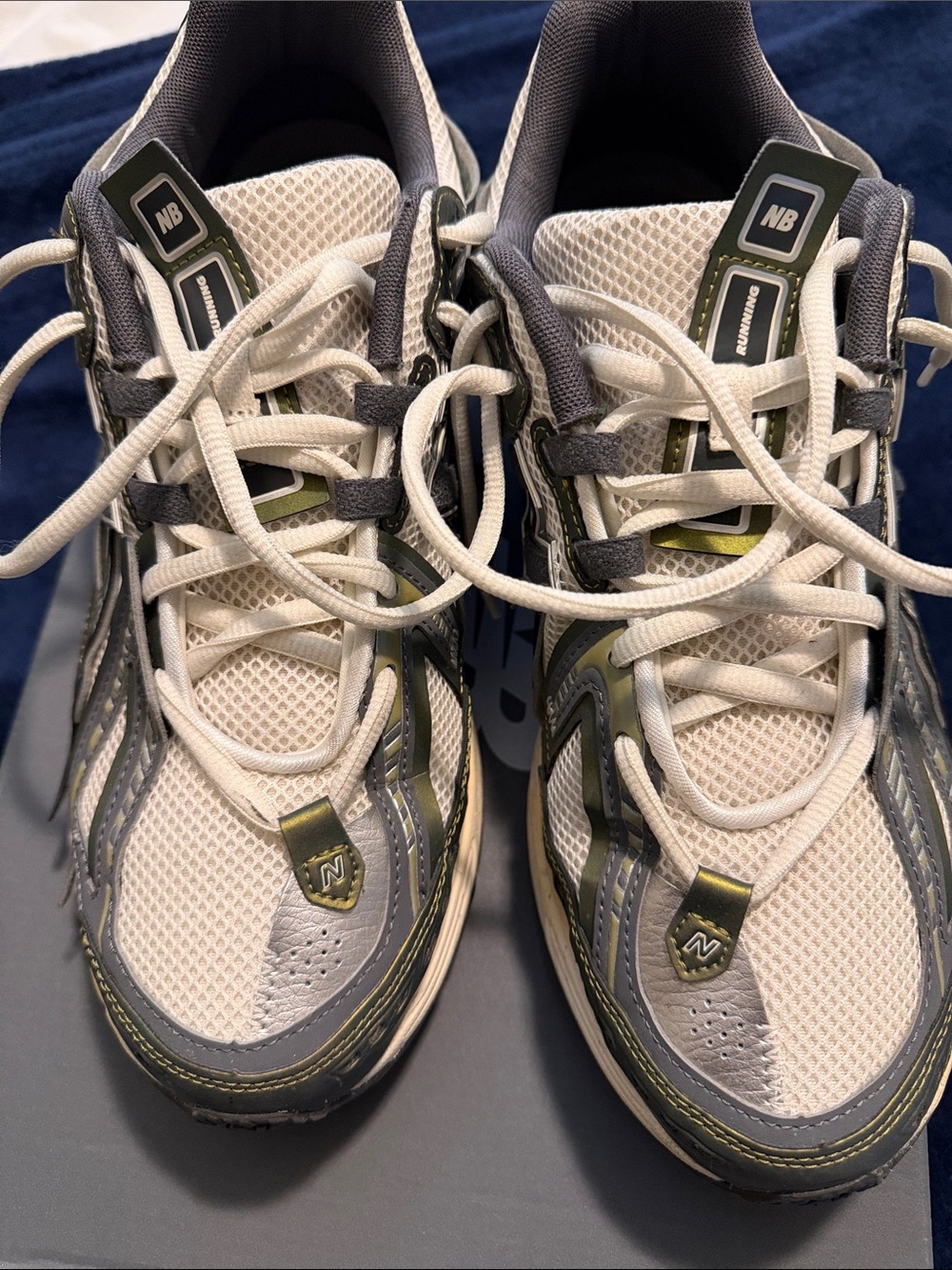 New Balance White, Gray and Olive Green Athletic Sneakers
